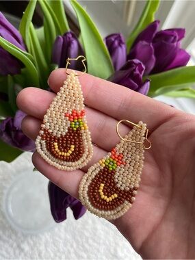 Handcrafted Brown Chicken Beaded Teardrop Earrings
